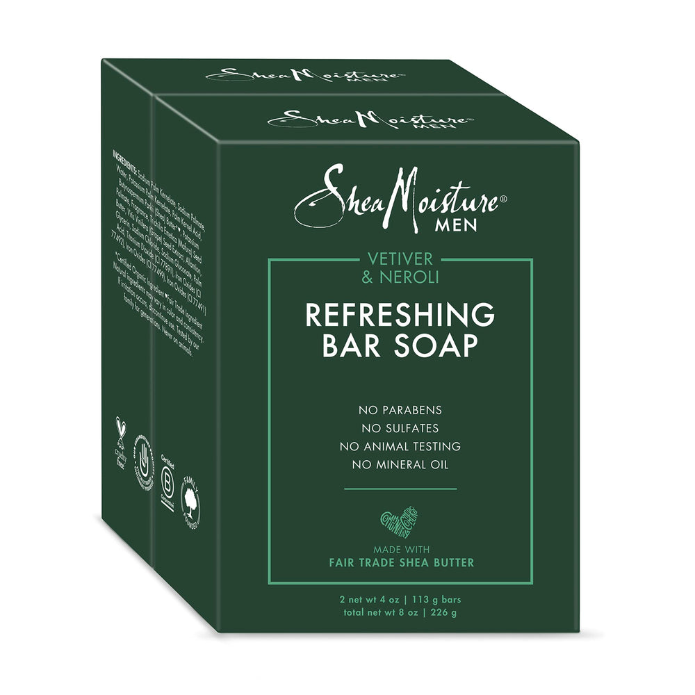 Shea Moisture front packaging showing two 4-ounce men's vetiver and neroli bars for everyday freshness