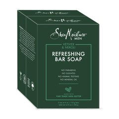 Shea Moisture front packaging showing two 4-ounce men's vetiver and neroli bars for everyday freshness