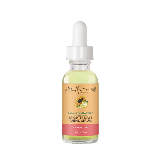 SheaMoisture front bottle image showing clear serum and bright packaging benefit: visible branding