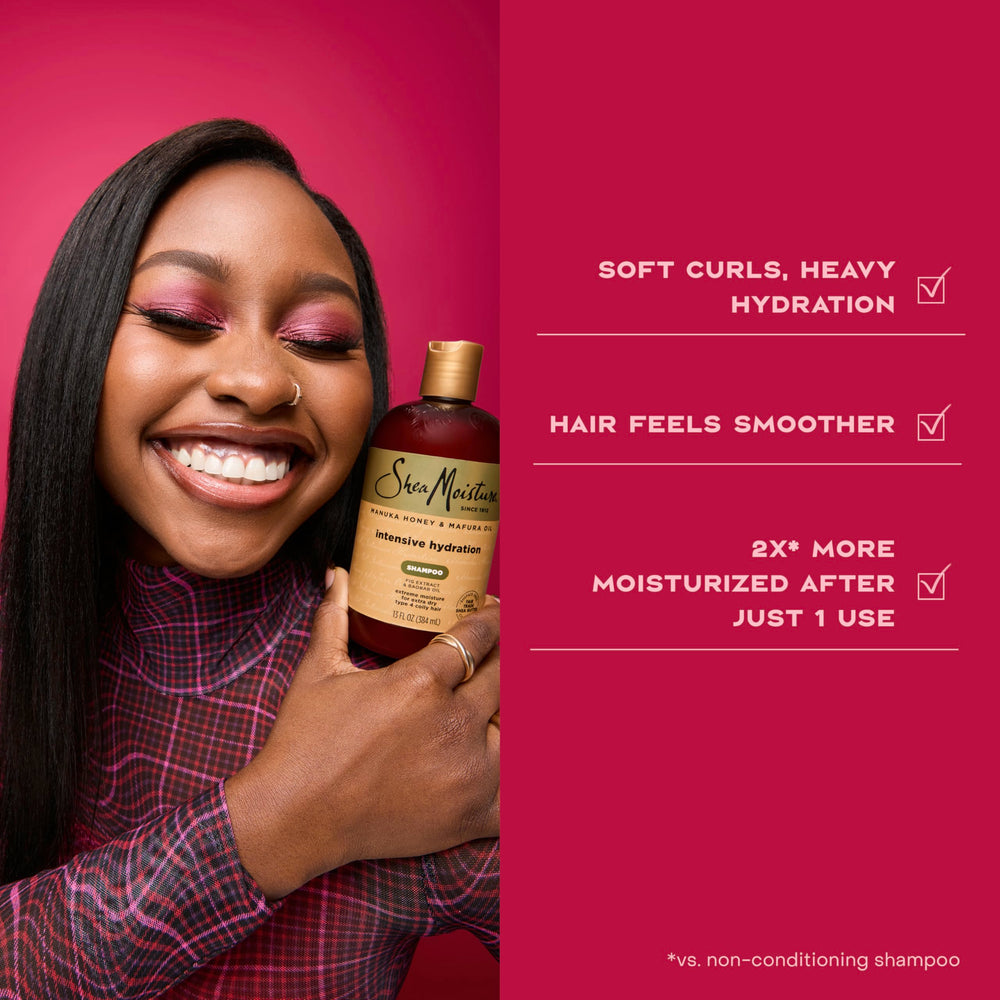 Shea Moisture 13 oz bottle in hand showing size and travel-friendly convenience benefit