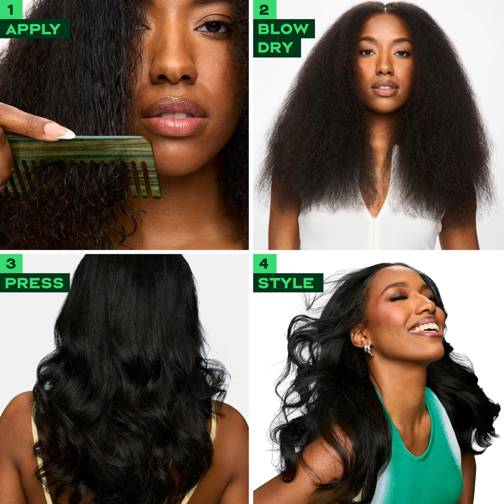 SheaMoisture stylist using silk press prep cream during styling session