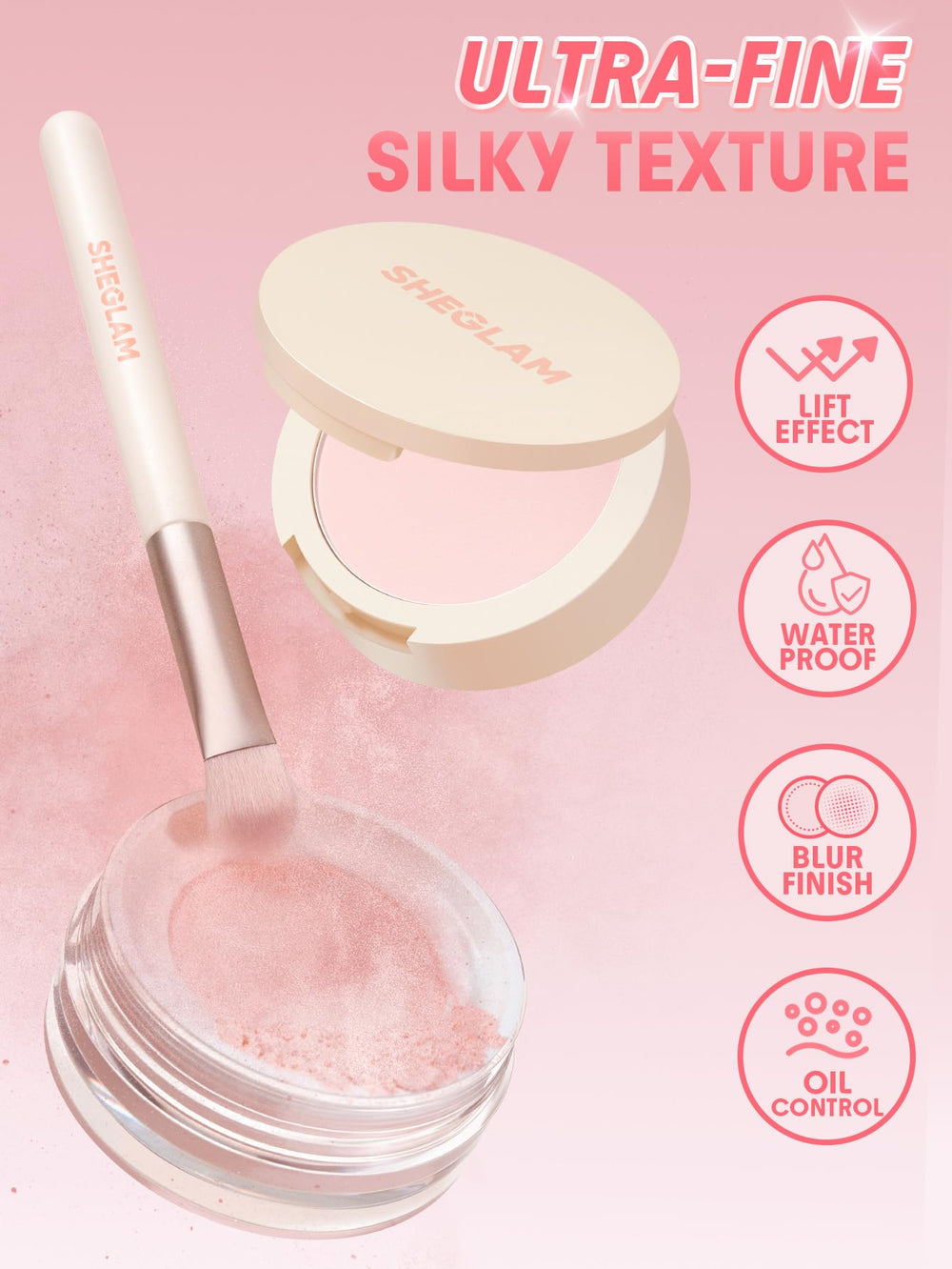 SHEGLAM applying loose powder with fluffy brush for smooth finish