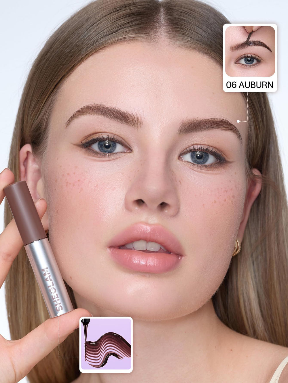 SHEGLAM before and after brows showing fuller, natural auburn result