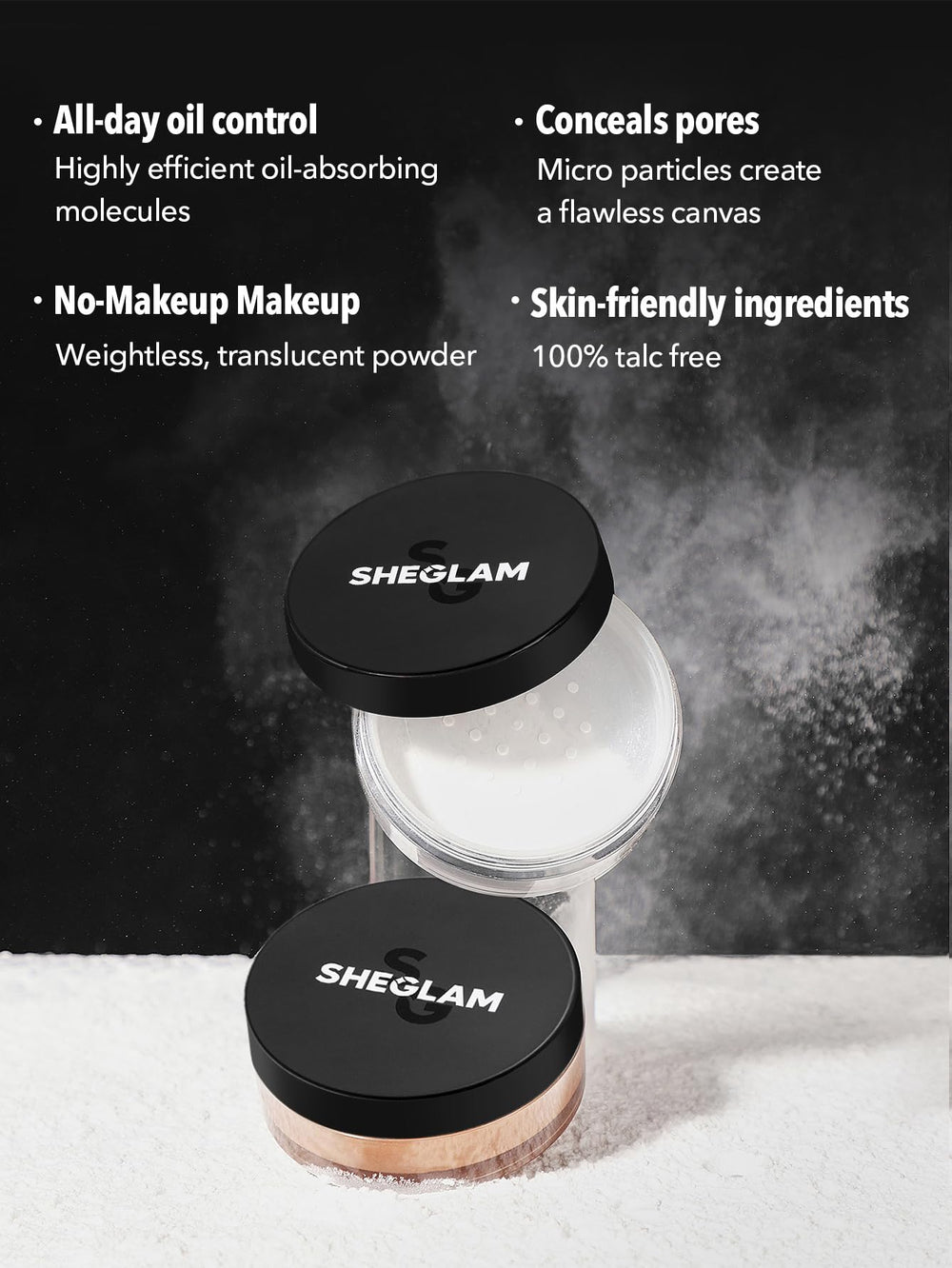 SHEGLAM model applying powder to T-zone, showing oil control and matte finish benefit