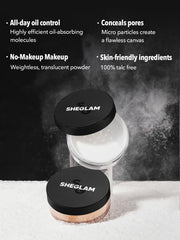 SHEGLAM model applying powder to T-zone, showing oil control and matte finish benefit