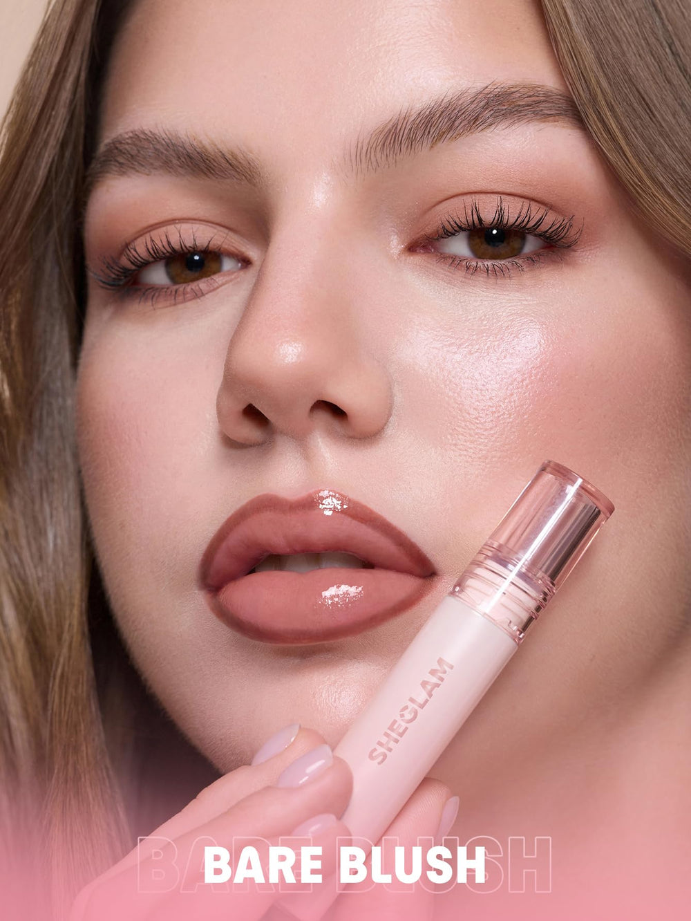 SHEGLAM lip swatch on hand showing true Bare Blush nude tint