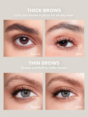 SHEGLAM before and after brows showing defined shape and lasting hold benefit