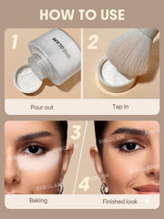 SHEGLAM powder applied with brush to forehead for matte, long-wear effect