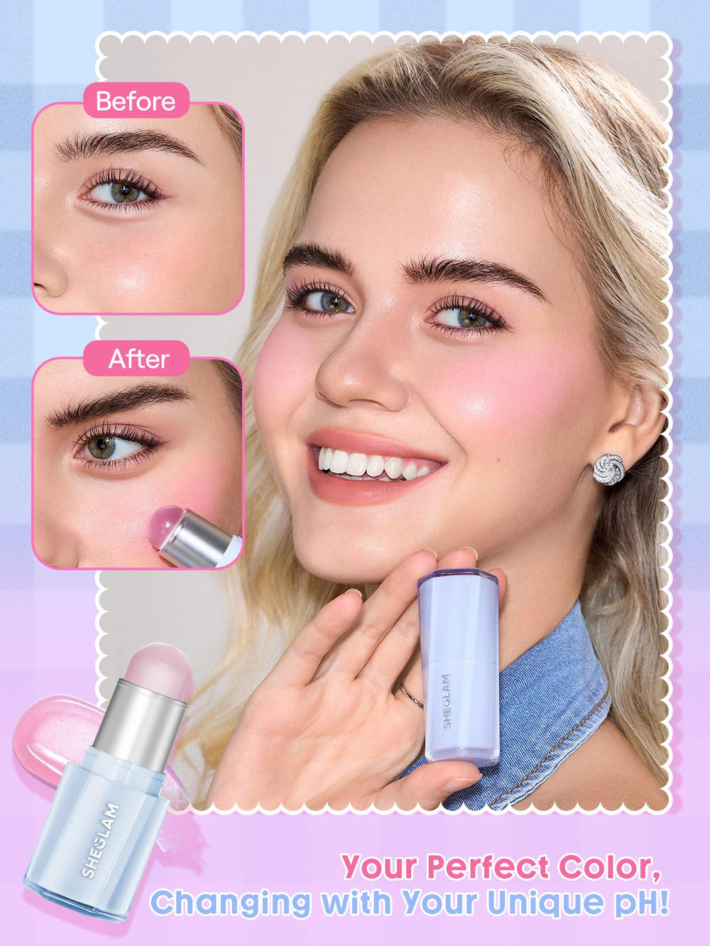 SHEGLAM close-up on cheek showing dewy, hydrated blush effect