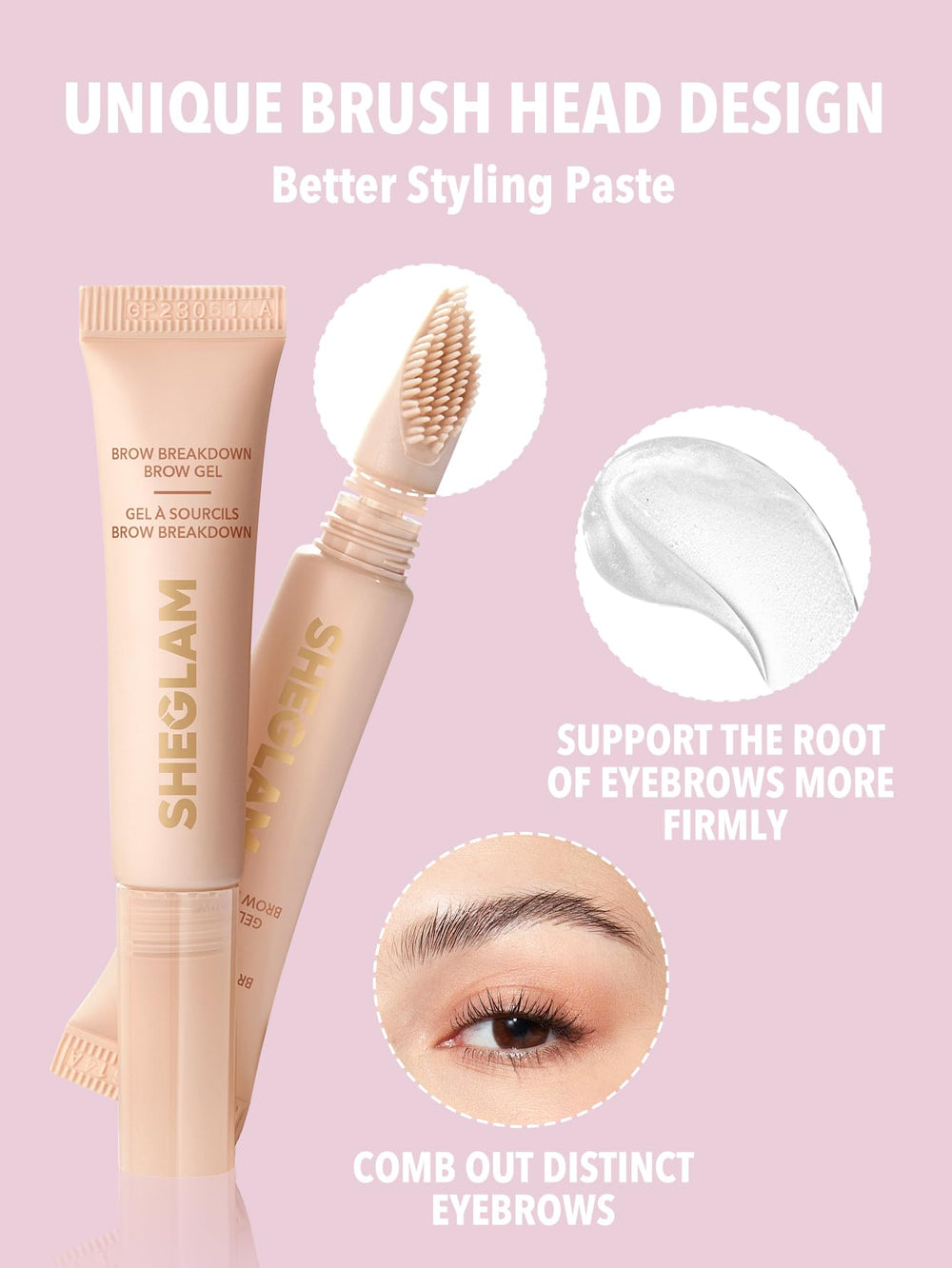 SHEGLAM close-up brush head demonstrating precise combing for neat brow shaping