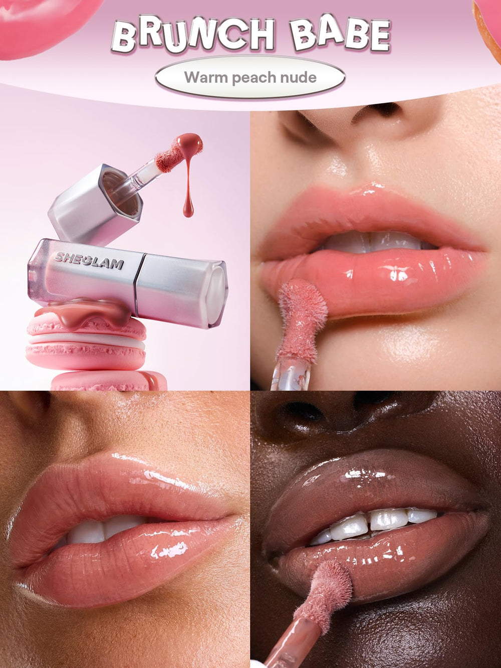 SHEGLAM Brunch Babe glossy texture pool demonstrating mirror-like shine benefit