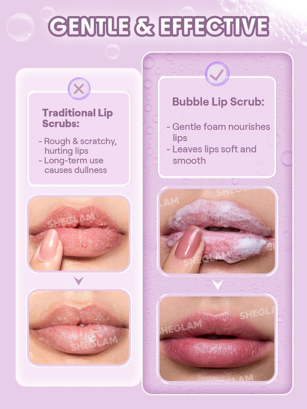 SHEGLAM applied to lips demonstrating gentle massage and improved lip texture benefit