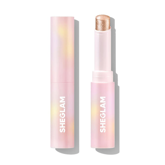 SHEGLAM front packaging showing champagne gleam stick and benefit for quick application