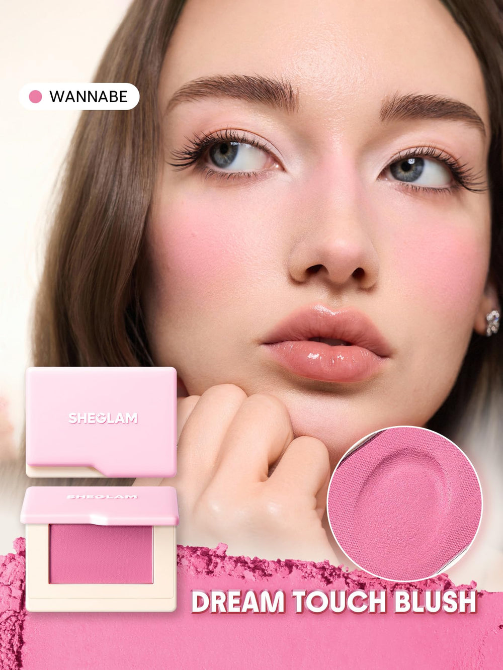 SHEGLAM blush pan close-up revealing finely milled surface for smooth blending