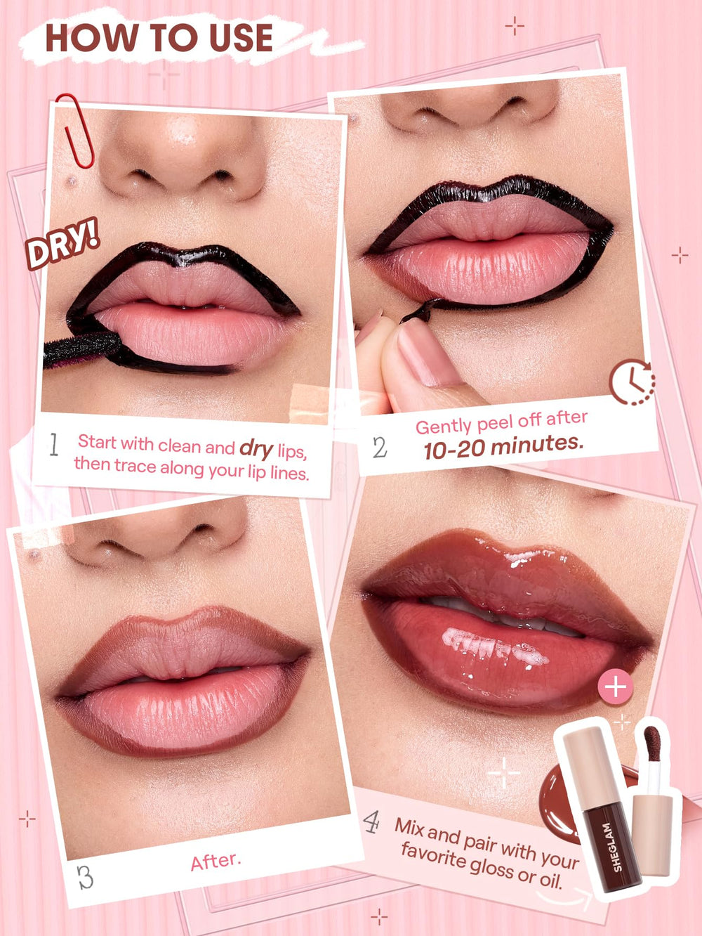 SHEGLAM on-model showing defined lip edge and natural, long-lasting look