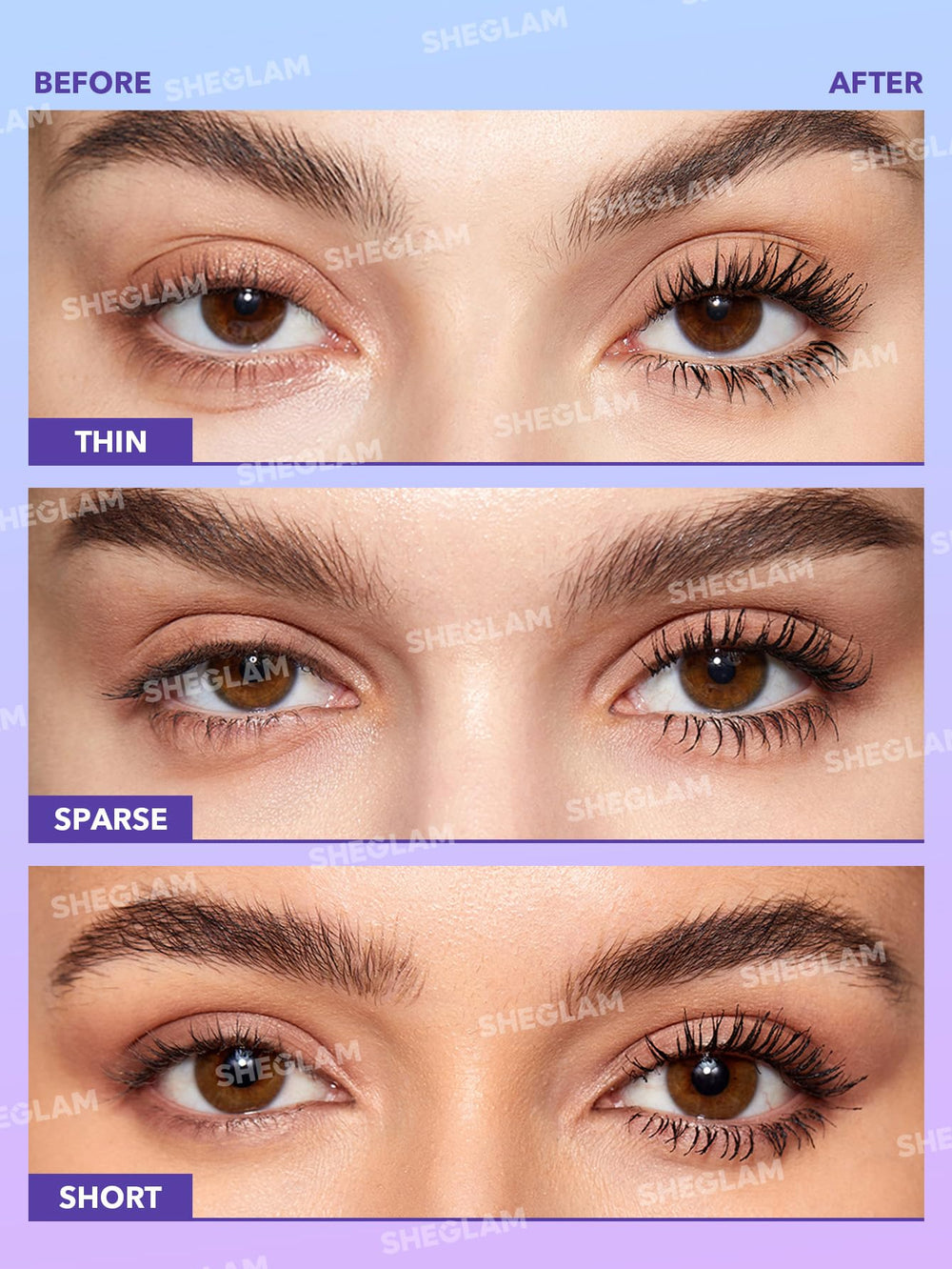 SHEGLAM mascara applied on model to show lift and length