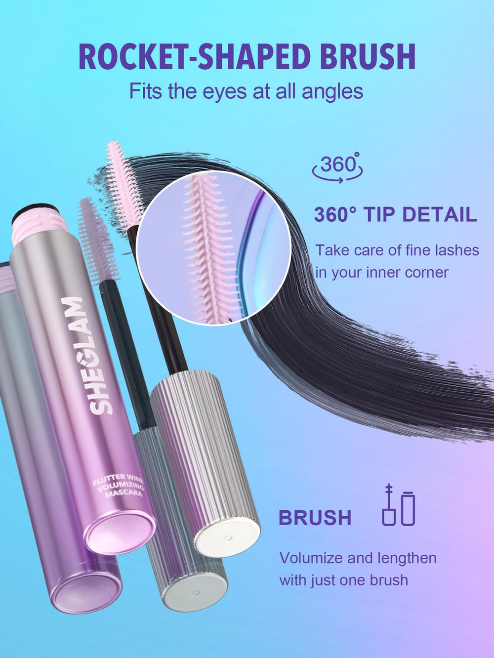 SHEGLAM rocket brush close-up coats lashes evenly