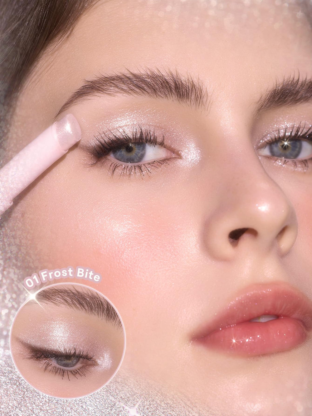 SHEGLAM Frost Bite applied to closed eyelid demonstrating glossy shimmer for eye definition