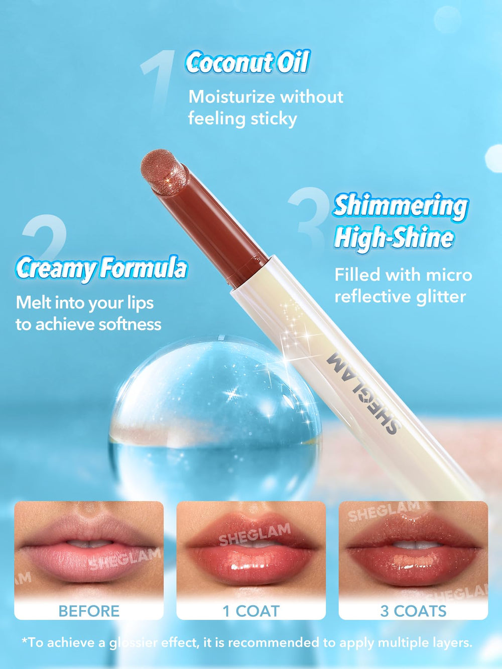 SHEGLAM Gold Rush label and ingredients list emphasizing nourishing coconut oil