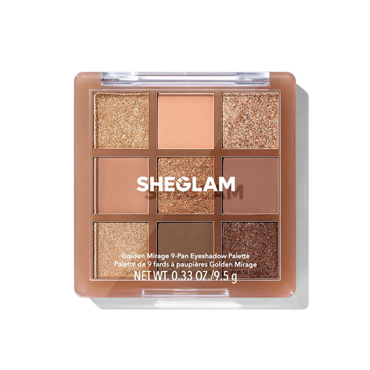 SHEGLAM Golden Mirage palette front view showing compact sleek packaging and brand logo for easy travel