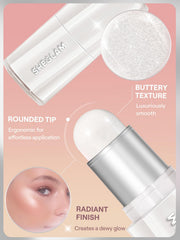 SHEGLAM stick applied on cheekbone demonstrating instant dewy highlight