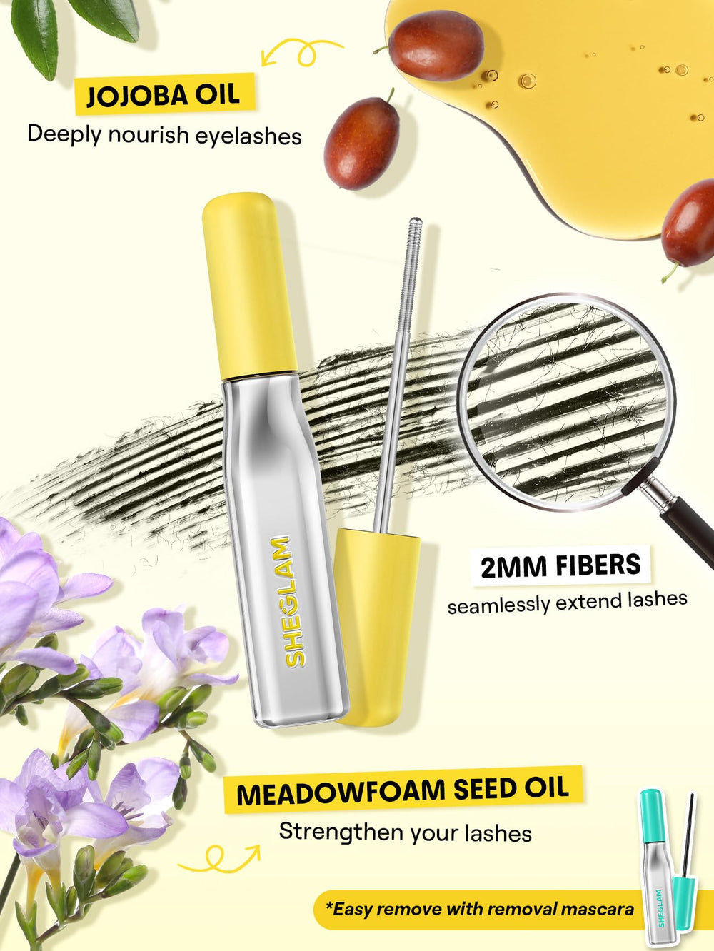 SHEGLAM back label detail with ingredient highlights and product claims