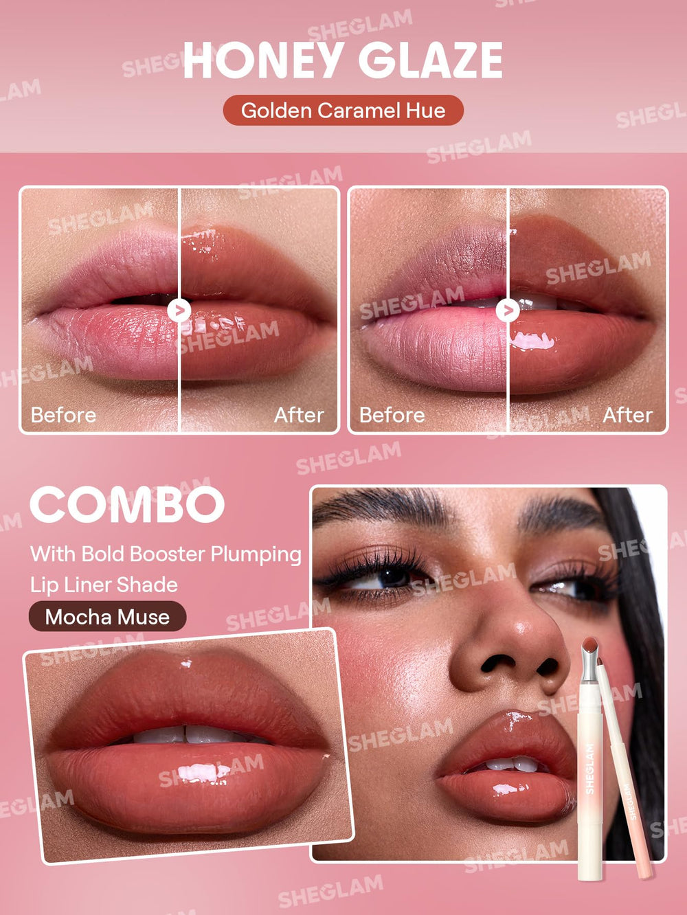 SHEGLAM gloss beside lip liner showing scale and pairing benefit