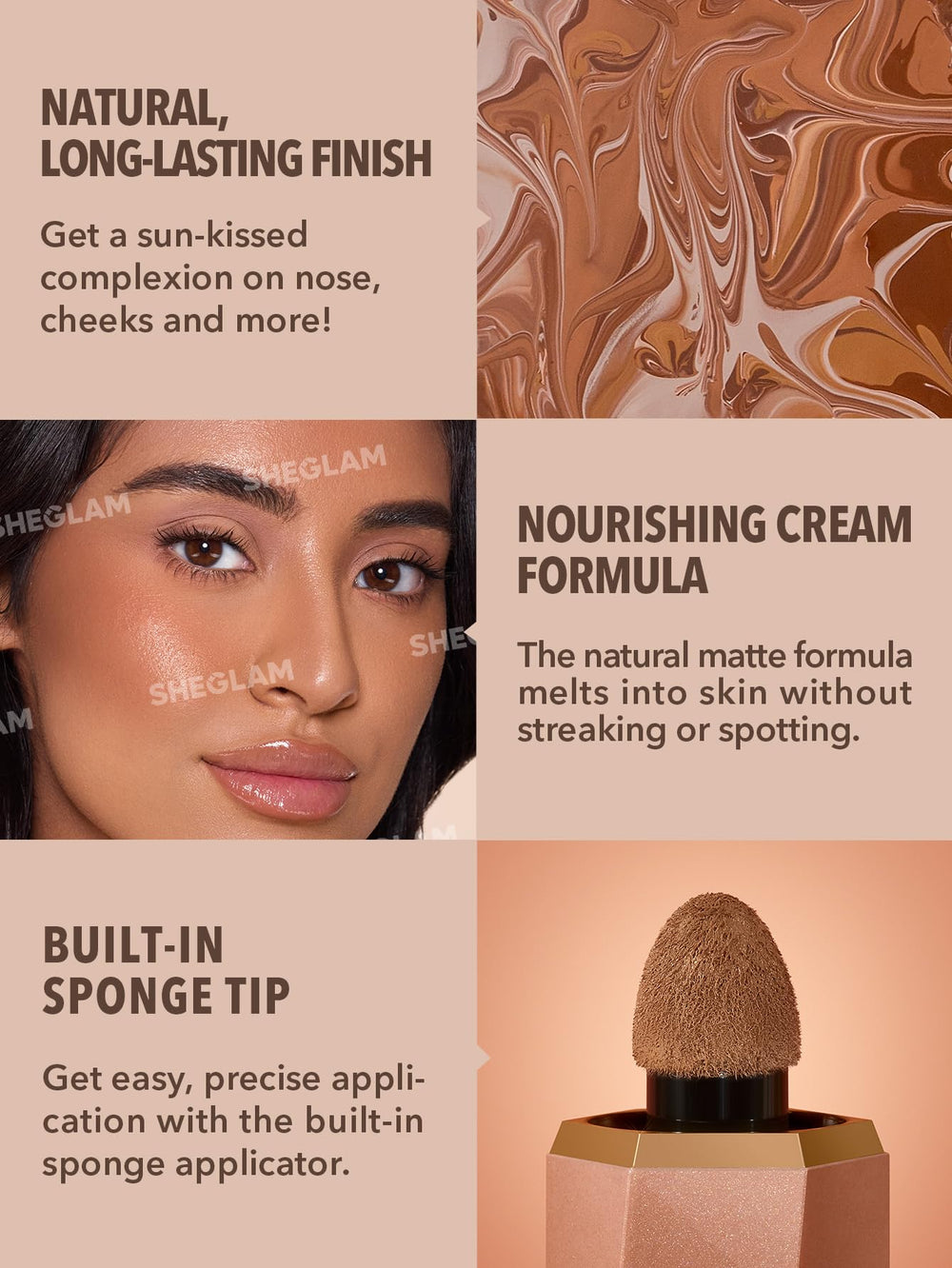 SHEGLAM liquid bronzer swatch showing creamy shimmer texture and blendability