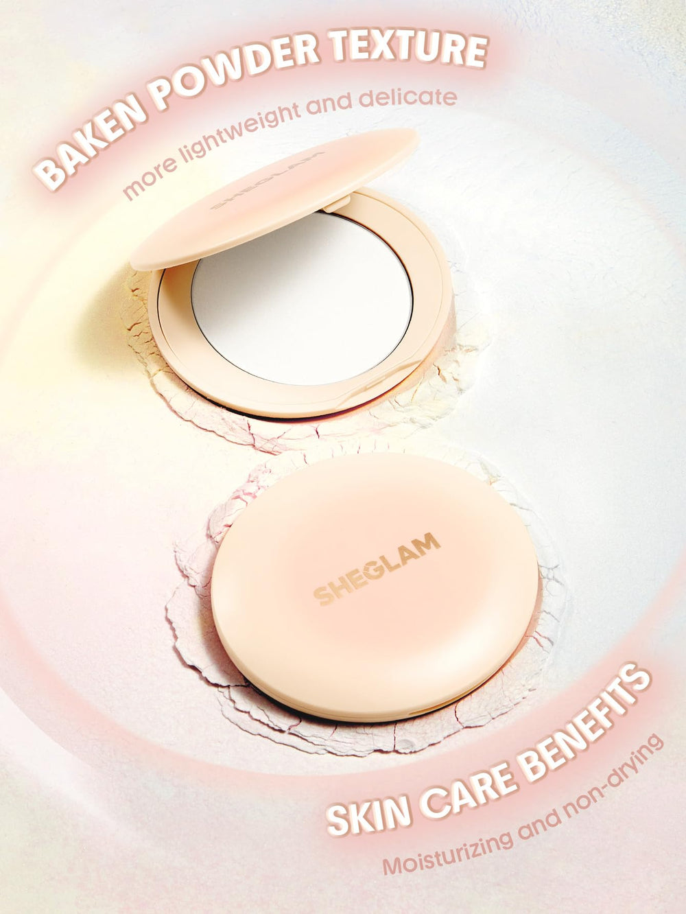 SHEGLAM compact held in hand showing scale and portable convenience benefit