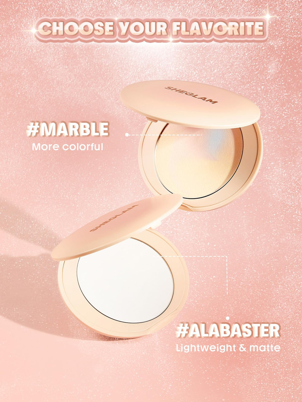 SHEGLAM pressed powder texture close-up showing smooth lightweight finish benefit