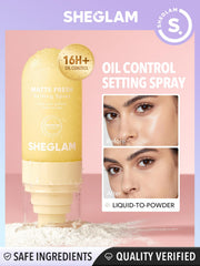SHEGLAM ultra-fine mist close-up demonstrating even spray and fast dry benefit