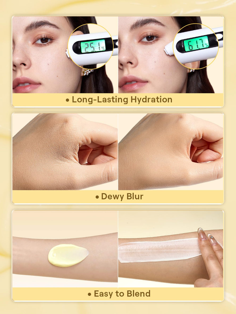 SHEGLAM ingredient highlight with hyaluronic acid and squalane for hydration