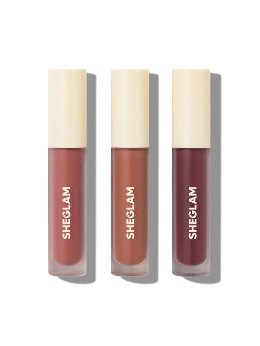 SHEGLAM mini liquid lipstick front packaging showing three tubes and labels benefits