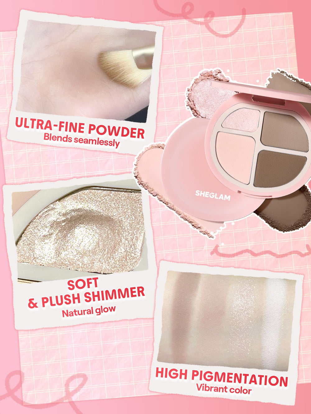 SHEGLAM mirror and label detail highlighting brand and ingredient benefits for informed use