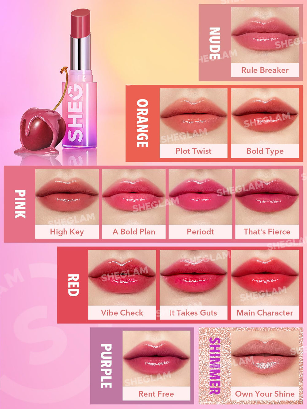 SHEGLAM Mirror Kiss back label close-up listing ingredients and benefits