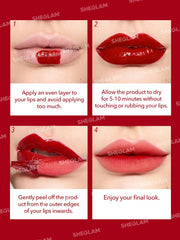 SHEGLAM tinted film texture close-up showing smooth peel-off finish benefit