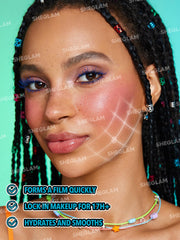 Vanity scene with SHEGLAM spray and makeup, suggests professional-ready results