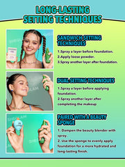 Drop of SHEGLAM spray on hand texture, shows lightweight non-sticky finish