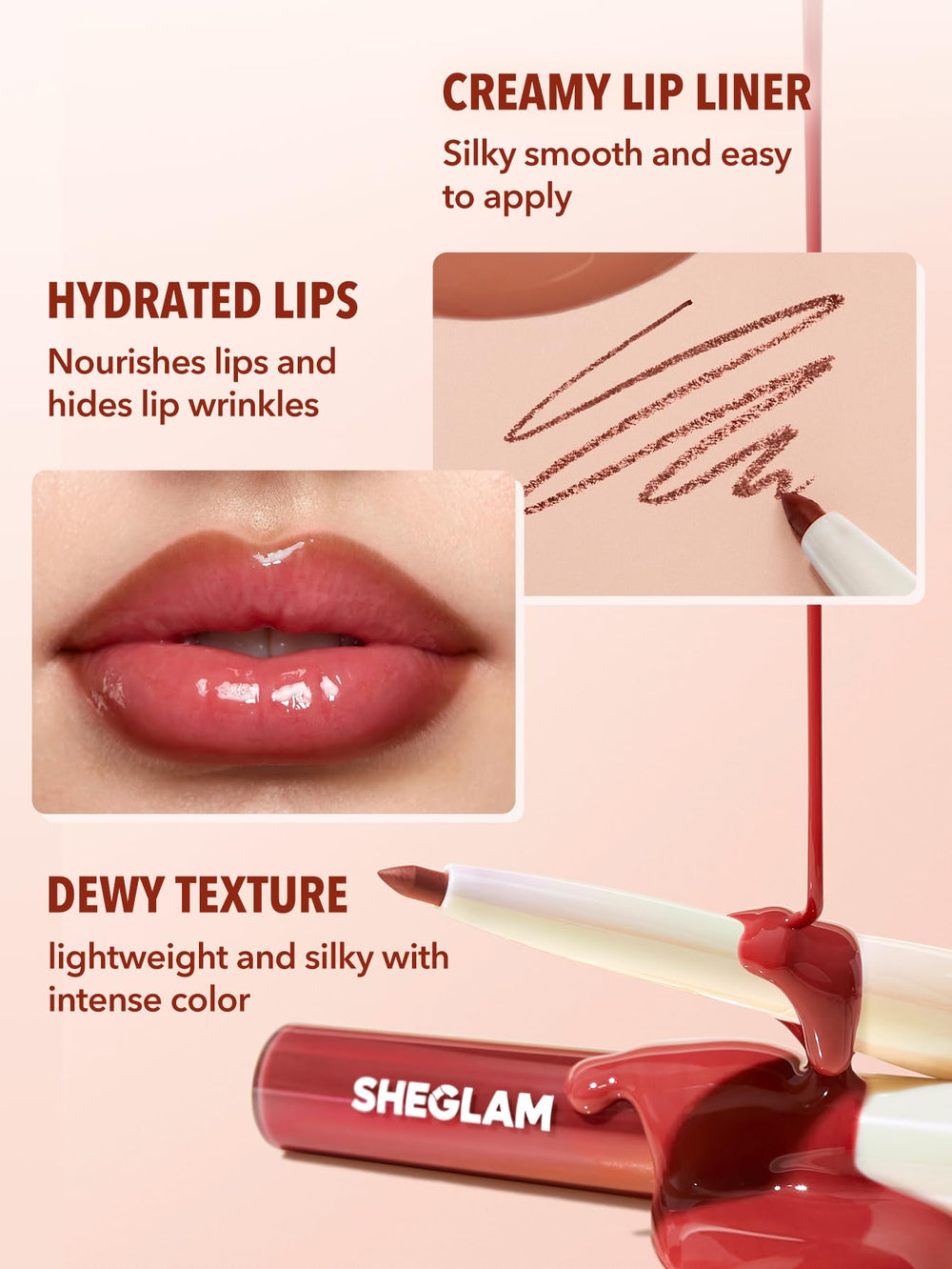 SHEGLAM gloss applicator closeup demonstrating dewy shine and hydration