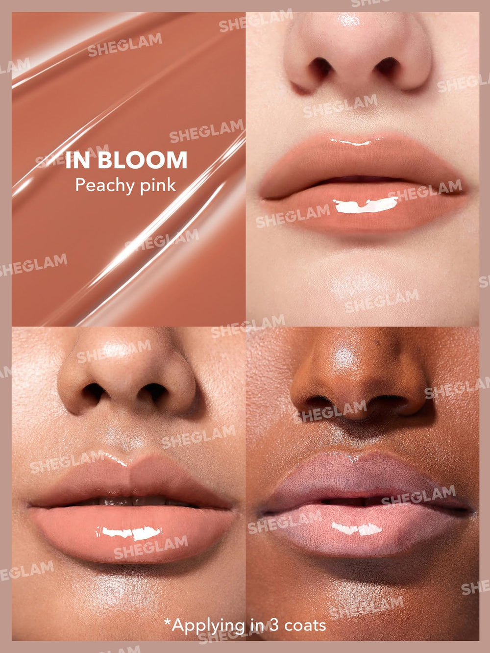 SHEGLAM In Bloom swatch on skin showing glossy color saturation and shine