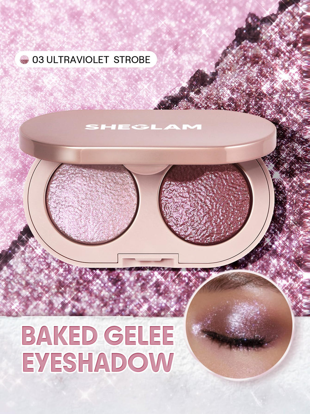 SHEGLAM Prismalight strobe shade close-up highlighting ultra-fine shimmer for high-impact sparkle