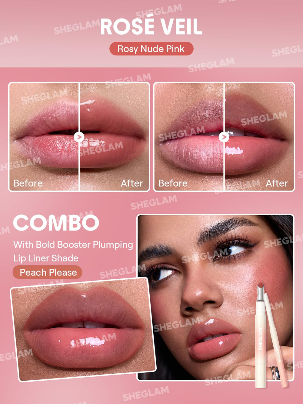 SHEGLAM paired with Bold Booster lip liner showing how to define lips