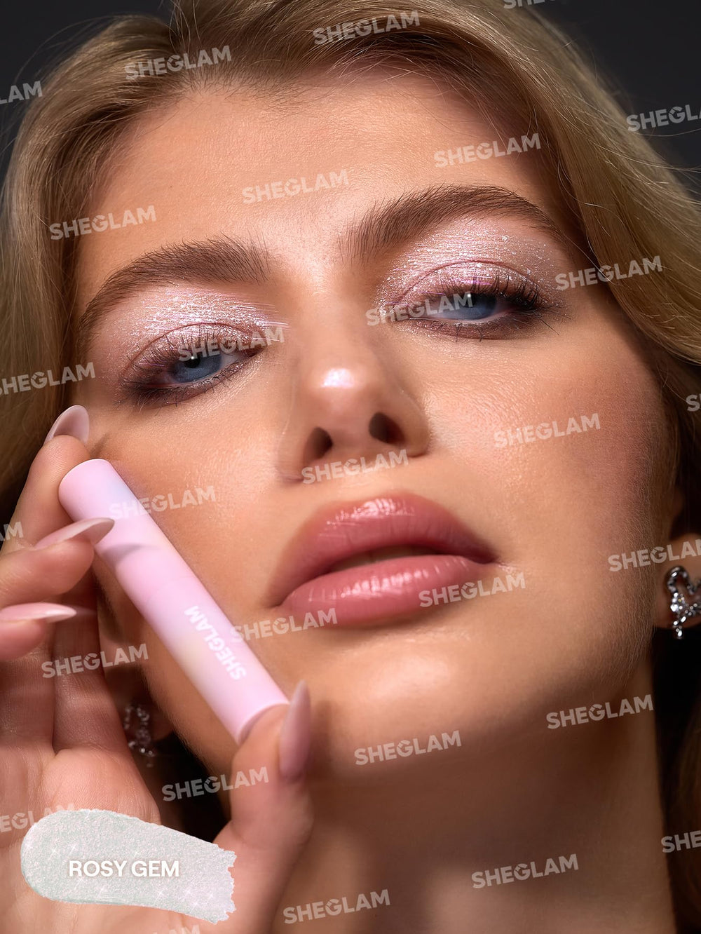SHEGLAM Rosy Gem used as lip topper to add glossy shimmer finish