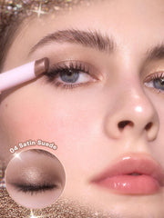 SHEGLAM Satin Suede applied on eyelid demonstrating blendable sparkle benefit
