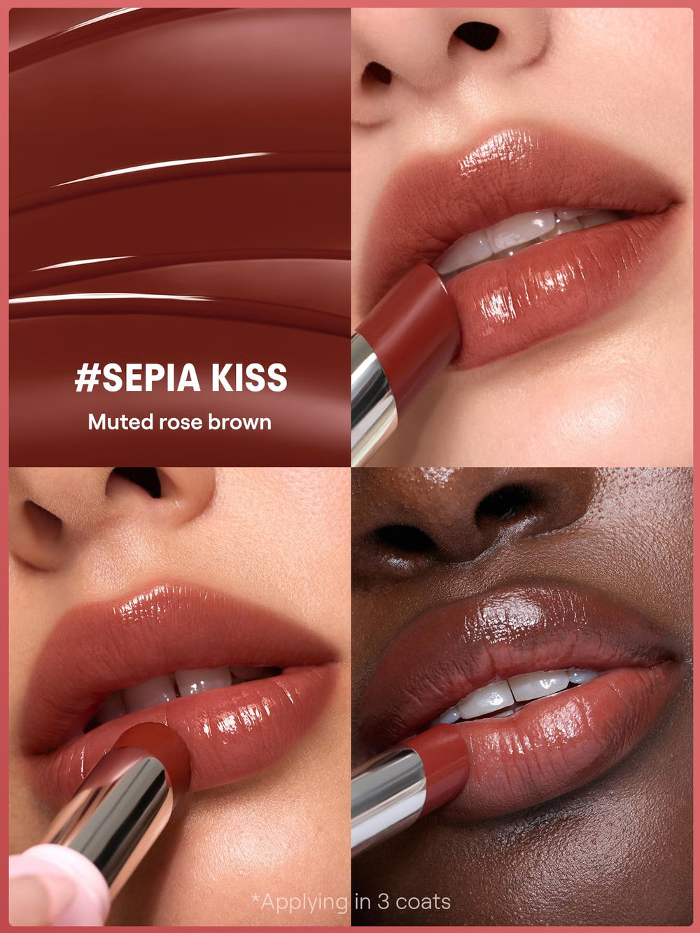 SHEGLAM lip swatches showcasing 555 Sepia Kiss buildable glossy tint