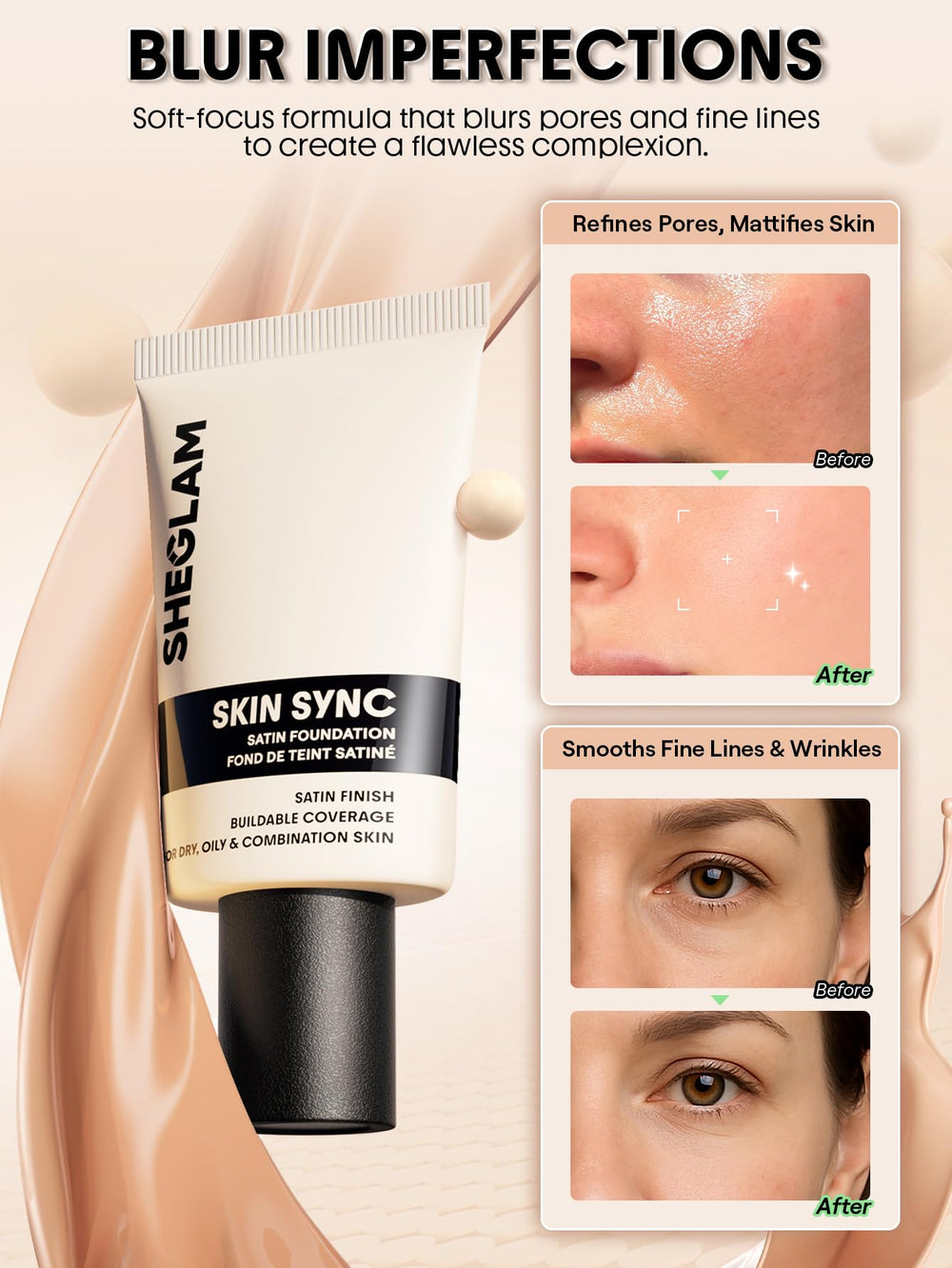 SHEGLAM application with brush demonstrating even blend and streak-free finish