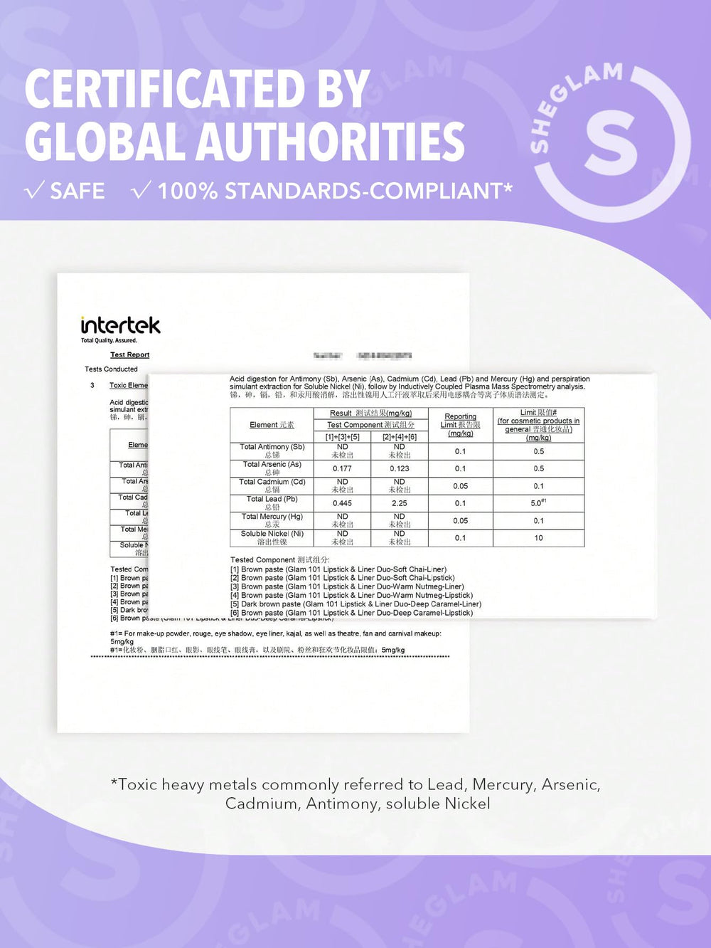 SHEGLAM packaging and ingredients label indicating cruelty-free certification