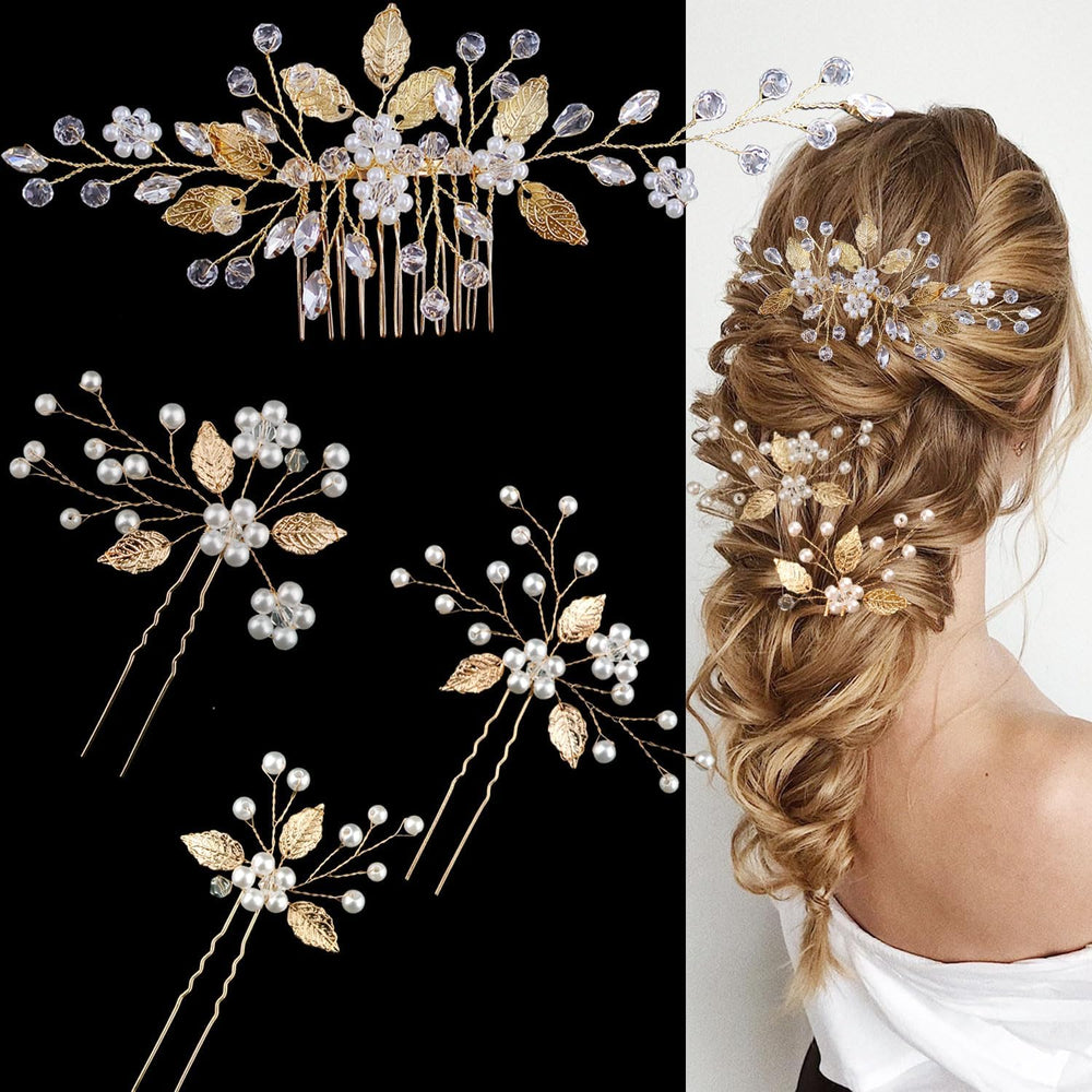 SHEHARUHI front view of gold leaf comb and pins showing elegant design and sparkle