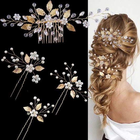 SHEHARUHI front view of gold leaf comb and pins showing elegant design and sparkle