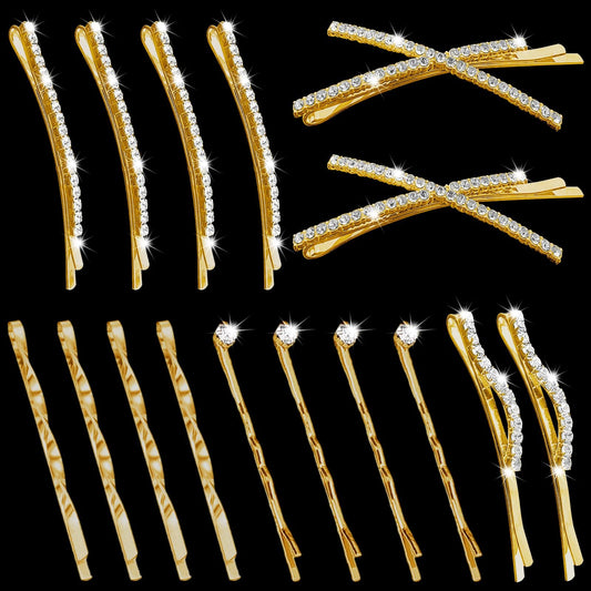 SHEHARUHI front view of 16-piece gold rhinestone clip set shows complete styling options and storage benefit